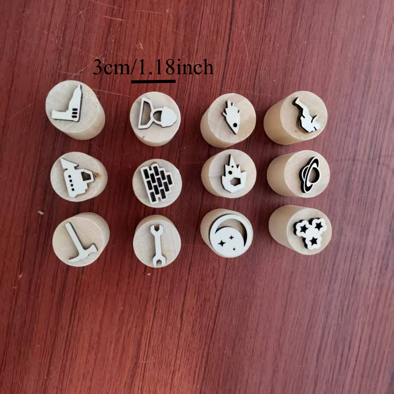 Set of Engineering Tool and Space-themed Wooden Stamps