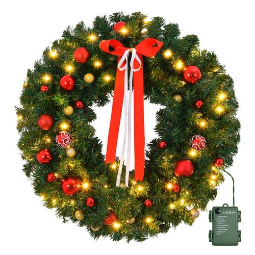 24in pre lit christmas wreath lighted xmas wreath with 50 warm lights and 14 diy ornaments battery powered for front door gate wall xmas party decorations