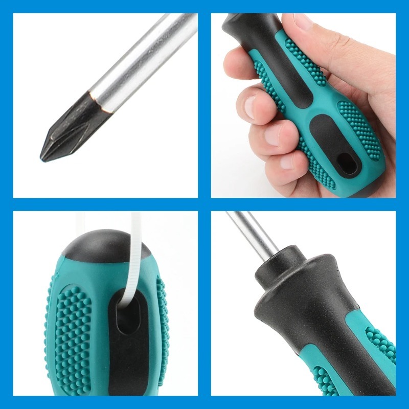 Un juego de destornilladores magnéticos ergonómicos con mango - Incluye cabezales de cruz y planos, diseñados para ser antistáticos con un fuerte atractivo magnético, ideal tanto para reparaciones domésticas como industriales. Este juego de destornilladores ergonómicos ofrece una comodidad