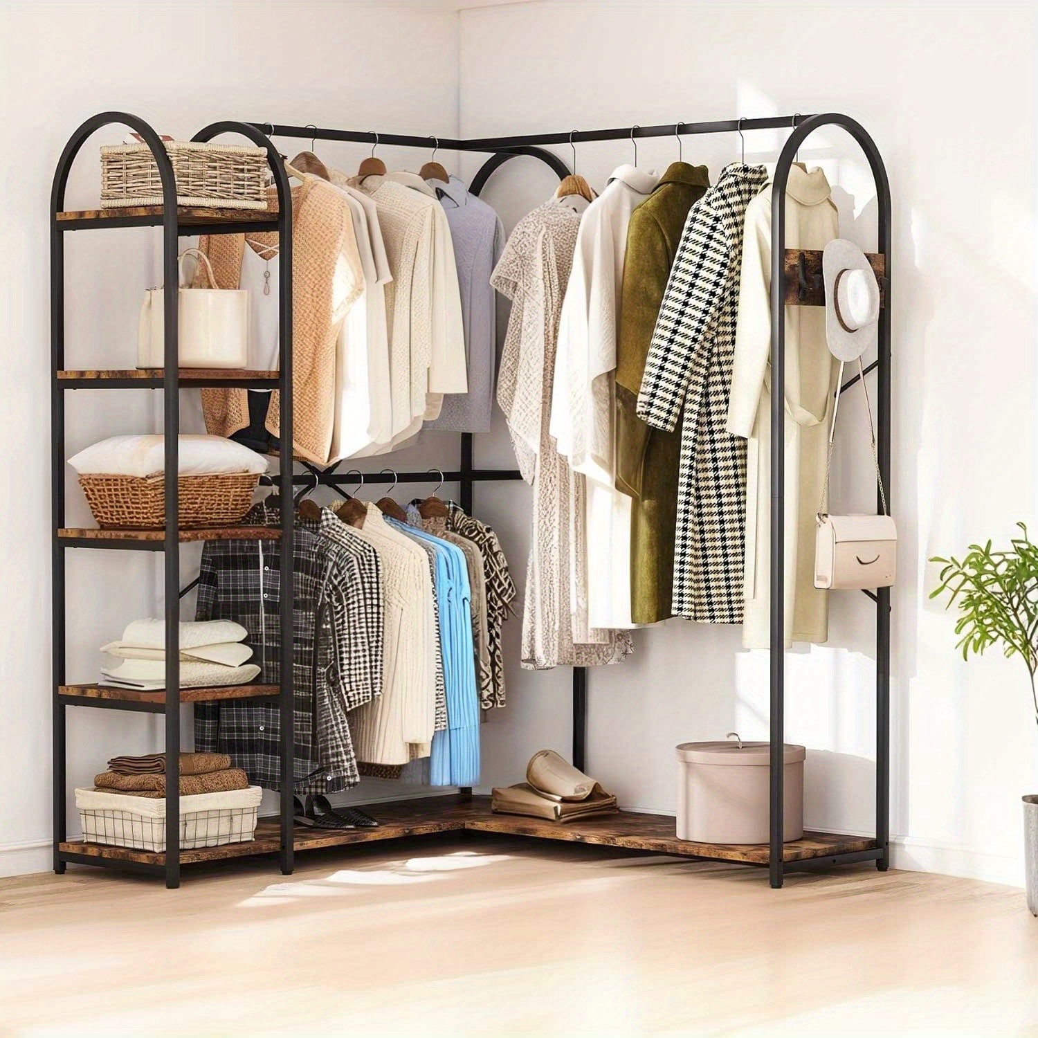 TEMU Porte-vêtements Rustique de L, Support d'Angle Robuste avec Crochets à Manteaux et Dispositif -basculement