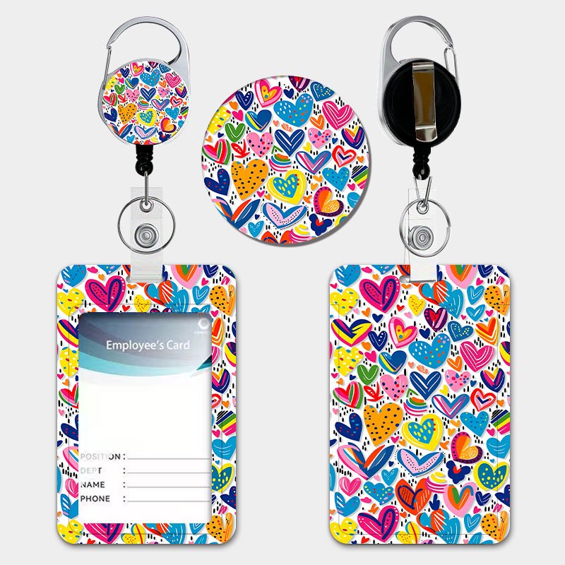 TEMU Colorful Heart-patterned Graffiti-style Badge Holder Set, Featuring A Pull-tab Retractable Lanyard And Keychain. Durable Plastic Card Holder