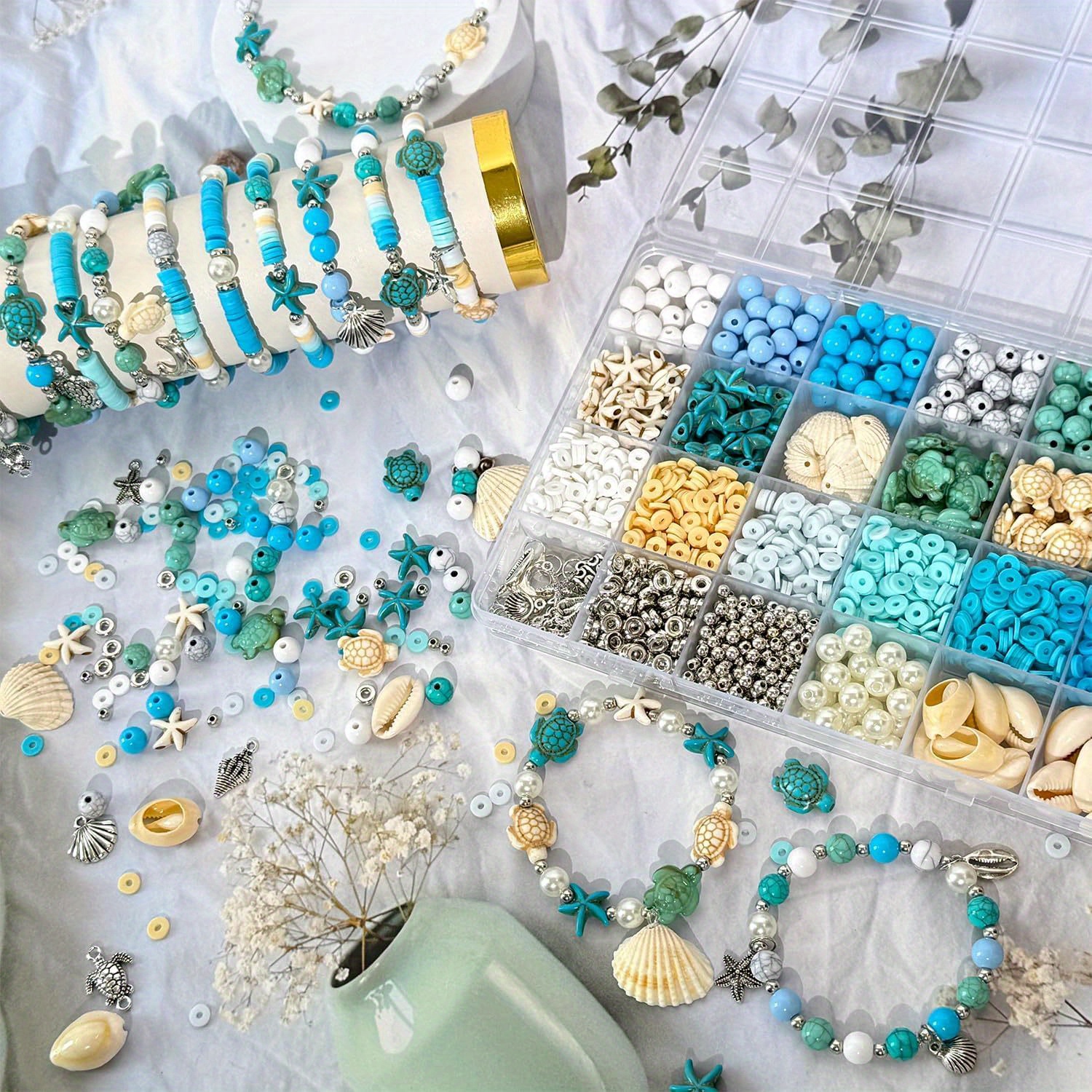 1860pcs ocean bead craft set   white summer bead with artificial turtle   shape 8mm round bead bracelet earrings coastal jewelry making supplies resin beach   tropical   mixed bead shell inspired shape