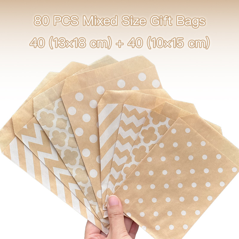 TEMU 80pcs Assorted Flat Paper Gift Bags Set, 40pcs 13x18cm And 40pcs 10x15cm, Mixed Stripe Wave Floral And Polka , No Handle Paper Pouches For Party