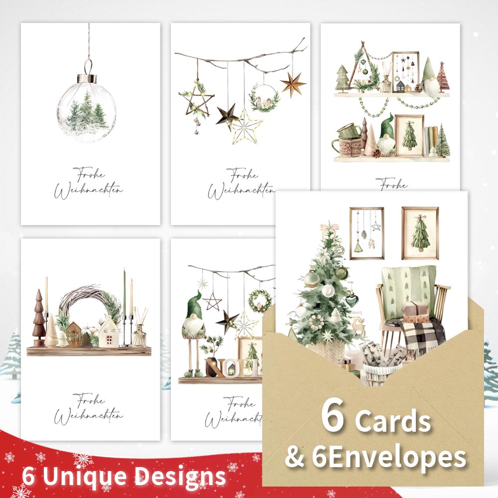 12pcs Watercolor German Christmas Greeting Card With Envelopes, Unique Theme Designs Christmas Cards Bulk, Perfect For Coworker Christmas Gifts