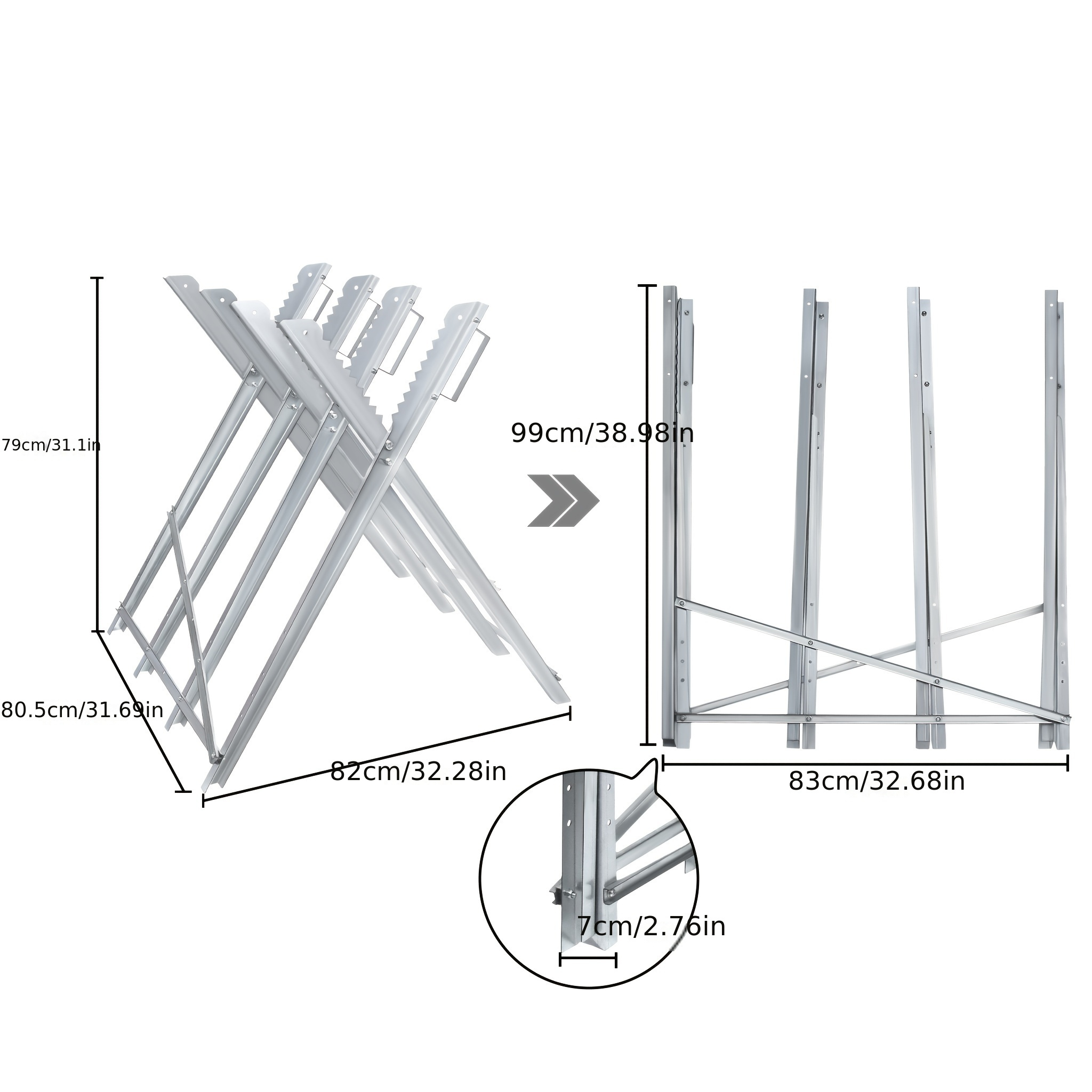E-shop 79 cm hoher Gartenhalter, silberner Sägesporn, verzinkt, mit Griffen und Zähnen, faltbar, Holzsägesporn, Holz, Tragfähigkeit 150 kg