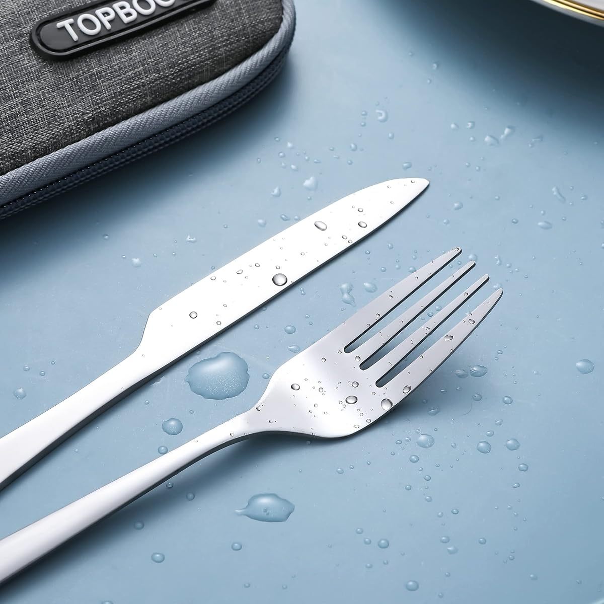 portable utensils travel camping cutlery set portable stainless steel flatware set travel silverware dinnerware set with a waterproof case 2 sets silvery Product details 2