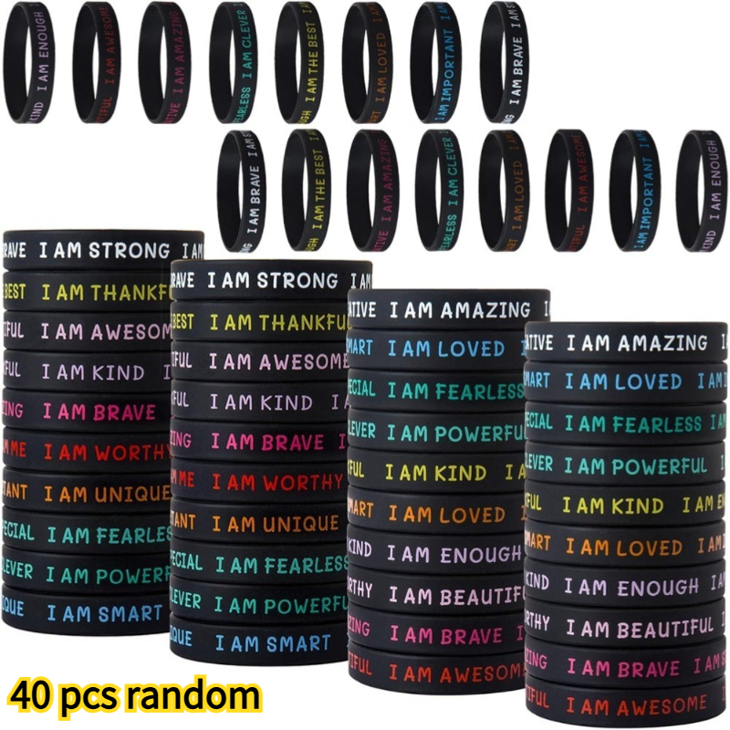 TEMU Random 40pcs Bracelet Packs, Motivational Inspirational Silicone Wristbands, Positive Quote Printed Wristbands, Accessory, Bulk Party Favors And