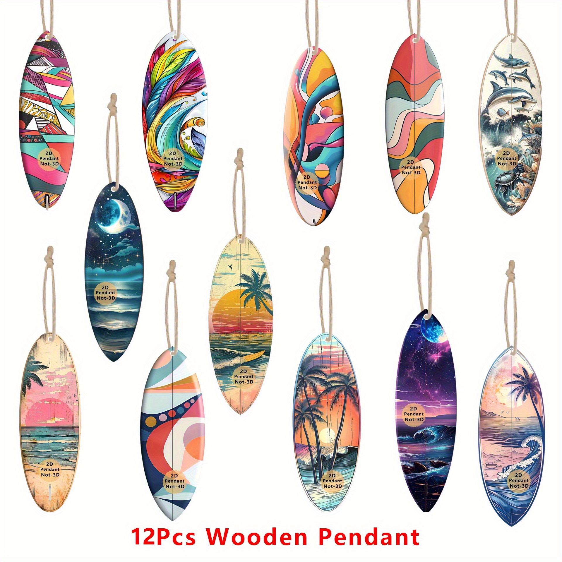 TEMU 2d Flat, 12pcs Vivid Skateboard Wooden Pendants - 2d Flat Colorful Design, Suitable For Beach Party Decorations, Home And Classroom, No