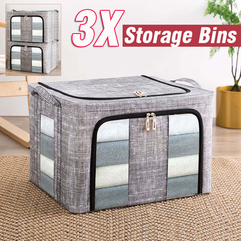 item picture Set of 3 Large Storage Bags for Organizing Clothes in The Closet, Foldable for Blanket Storage, Featuring Handles, Windows, Zippers, And a Steel Frame, Ideal for Indoor Bedroom Use, Under-Bed Storage