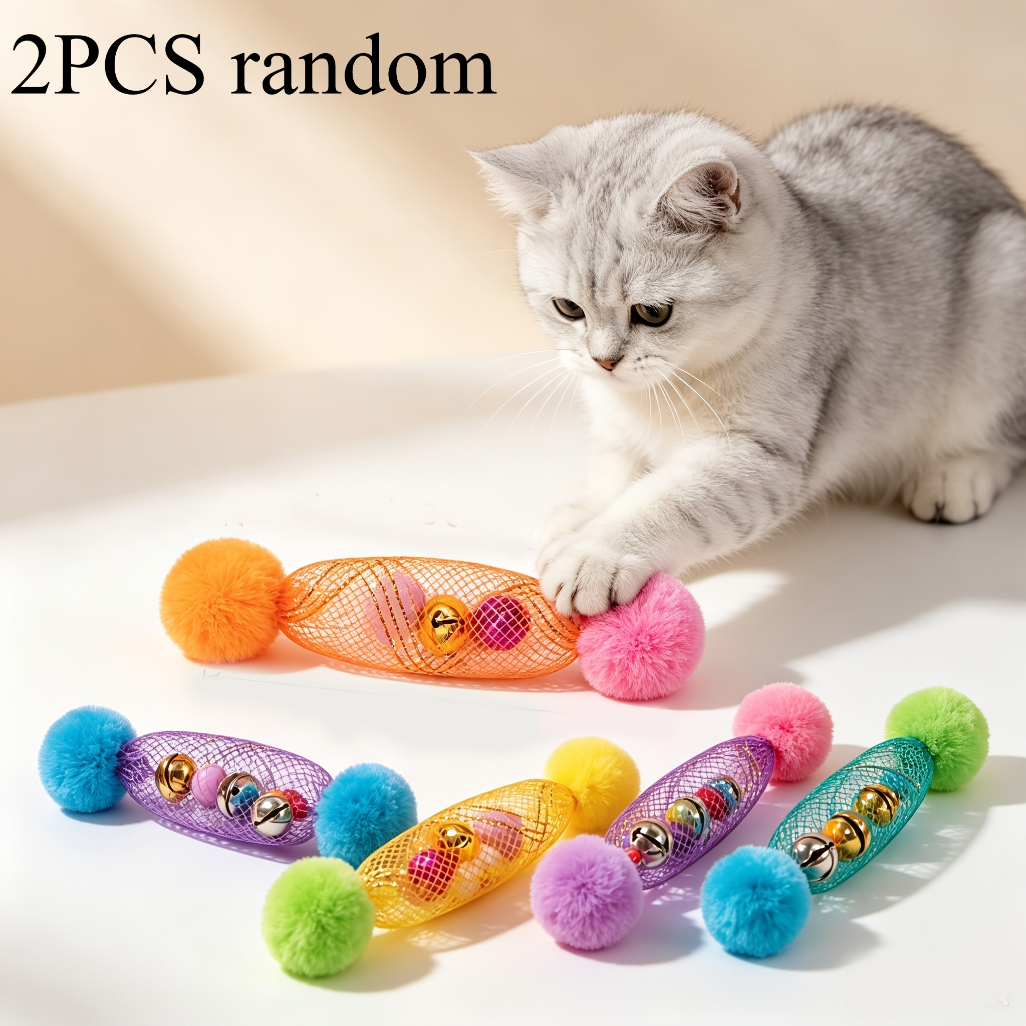 TEMU 2er-Pack Katzenspielzeug Elastische Stange Zusätze, Mesh Tube Pom-Pom mit Glocke. Interaktives Langeweile-Relief Selbstbeschäftigungs-Katzenzug,