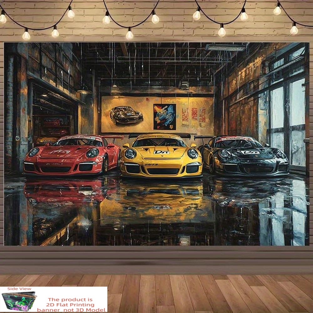 TEMU 2d Flat, 2d Flat - 2d Flat Banner, 1pc Sports Car Garage Theme Background - Red, Sports Cars In Industrial Scenes, Polyester Banner For Prop