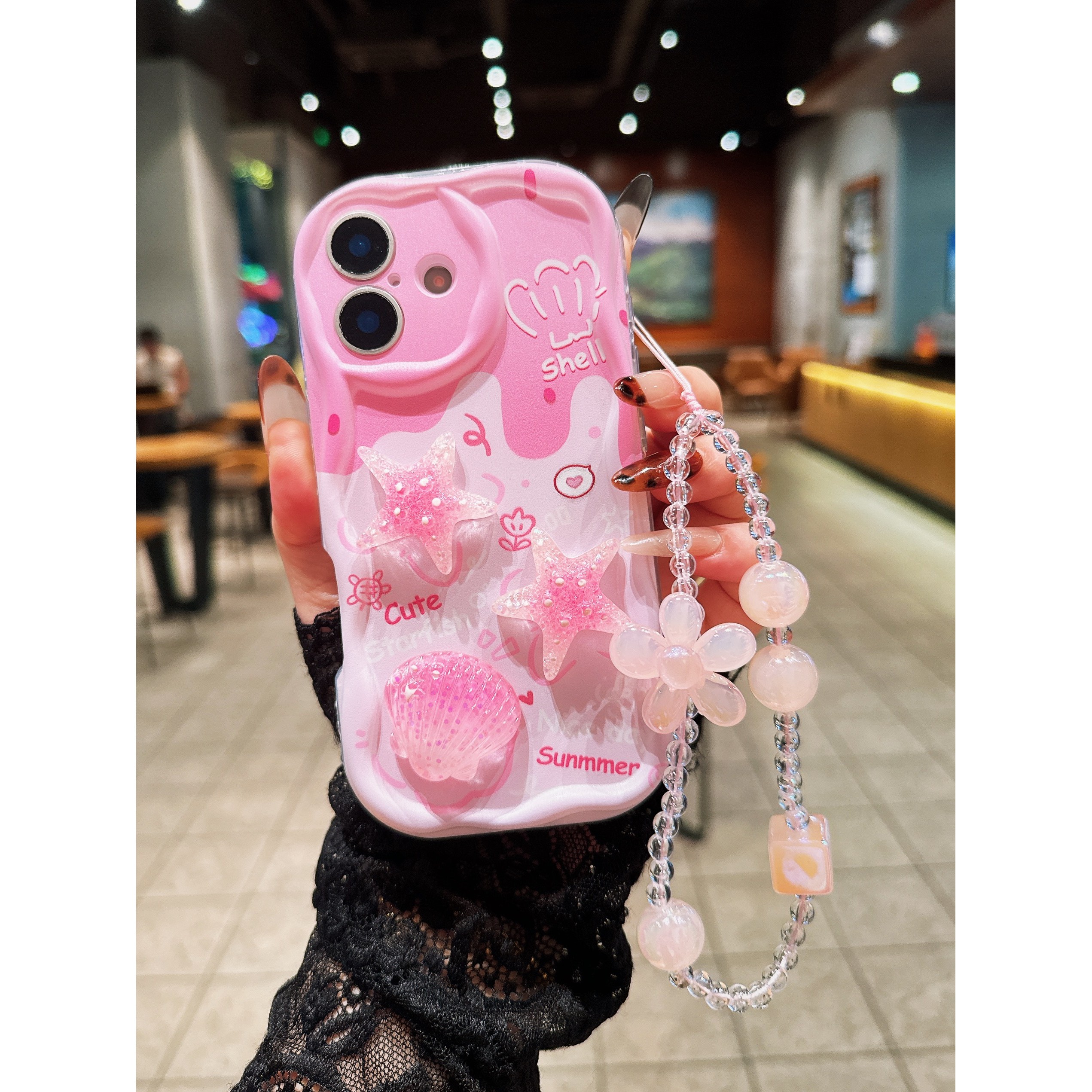 TEMU Phone Case - A Transparent Cream Shell With A Pink 3d Starfish And Shell Design, Accompanied By A Floral Hanging Strap, This Phone Case Is A