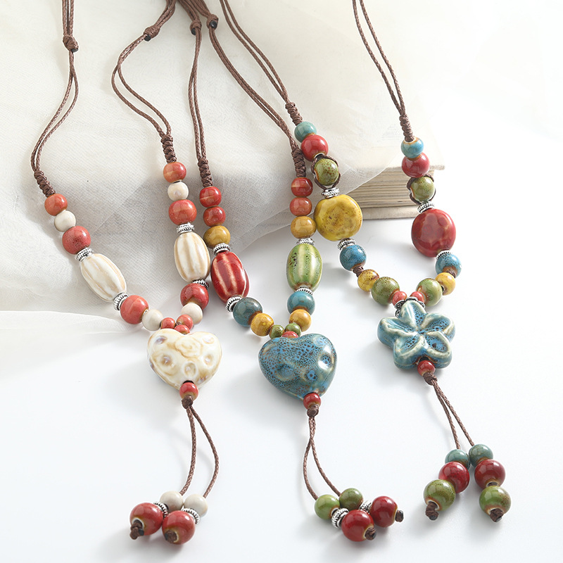 3pcs Colorful Long Macrame Ceramic Necklaces Set