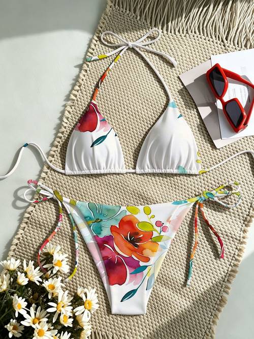Watercolor Floral Plus-size Women s Bikini Swimsuit Set, Halter Neck Cup, Side Tie Design. Bohemian Style and . Very Suitable for Summer , Seaside, and Swimming. Suitable for Leisure S