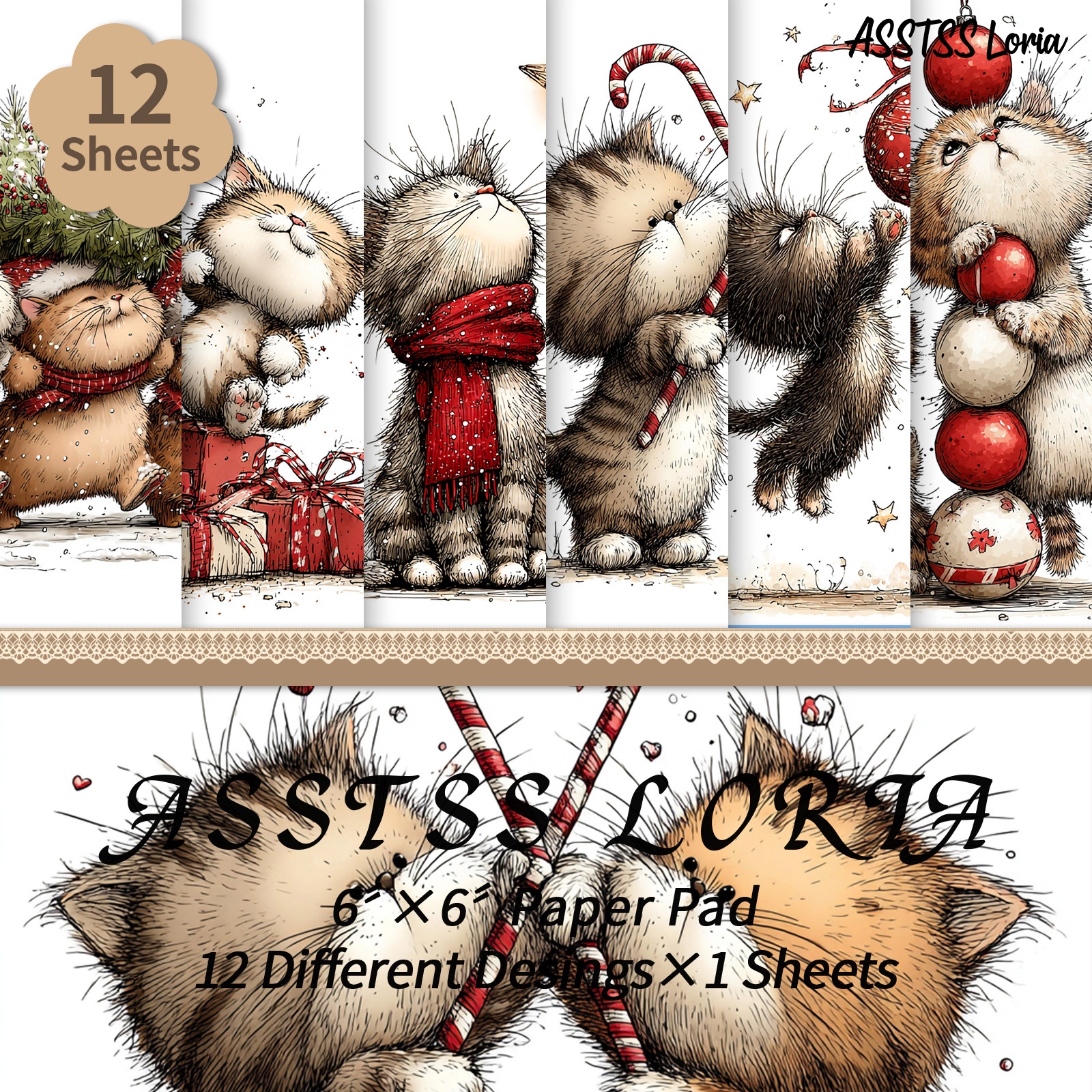 TEMU 12-sheet Asstss Loria 6x6 Inch Scrapbooking Paper Pad, Whimsical Christmas Cats Backing Paper Supplies, Heavyweight Cardstock For Journaling,