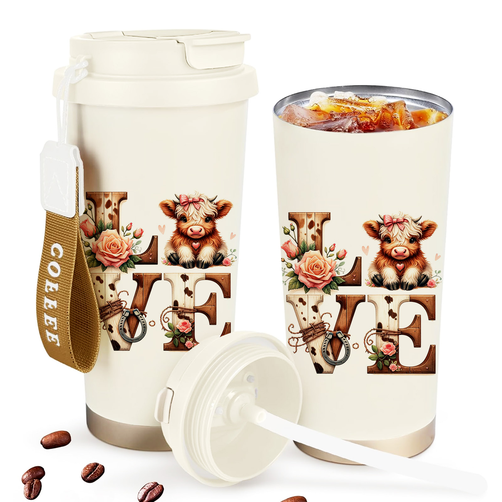 1pc 18oz Insulated Tumbler With Lid And Straw, Double-lid Design For Direct Sip Or Straw Use, Cute , 12h Hot/24h Cold, Great For Coffee, Travel, Office, , Tumbler, Farm Animal Themed Thermal Cup
