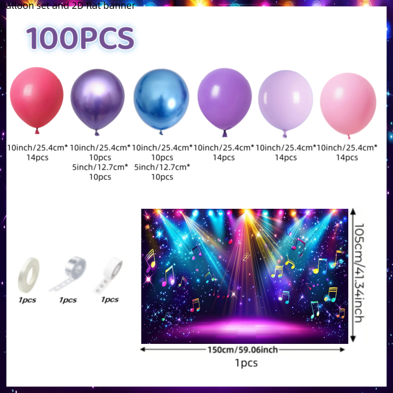 TEMU Kit de Ballons pour Fête 100pcs, Ballons d'Anniversaire et Bannières Plates 2D, de Ballons avec de Scène, Notes de Musique, Décorations de Fête,