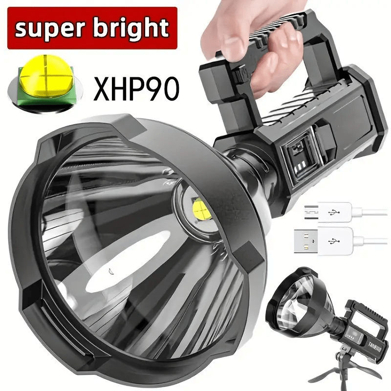 TEMU Xhp90 High Power Led Big Flashlight Lantern Torch Usb Rechargeable Powerful Spotlight Searchlight Camping Lamp With Bracket Spotlight Flashlights For Camping, Hiking, Patrol Lantern