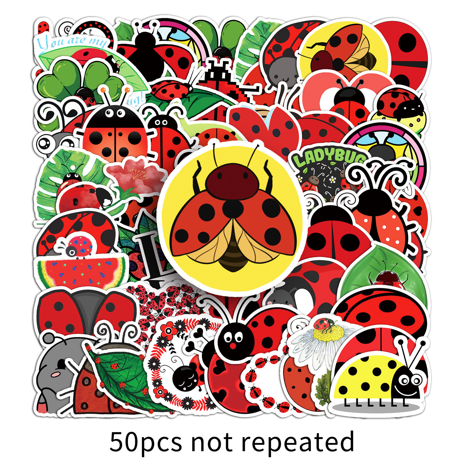 50pcs Ladybug Insect Cartoon Graffiti Stickers, Reward Party Supplies - Aesthetic Stickers Diy Water Bottle, Laptop, Luggage Decals - Holiday Decorations