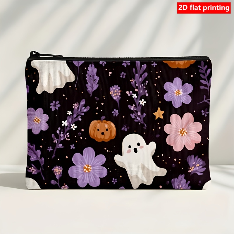 TEMU 2d Flat Printed Makeup Bag, 1pc High-end Zippered Cosmetic Pouch, Halloween Theme, Pumpkin Small Flower Pattern Large Capacity Makeup Bag, Easy