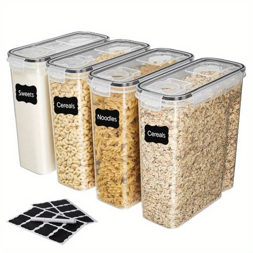 4l 5l leak resistant and reusable food storage jars with lids 4 jars and 4 lids included designed for portability and stacking suitable for snacks tea and pasta labels and markers ideal for kitchen use