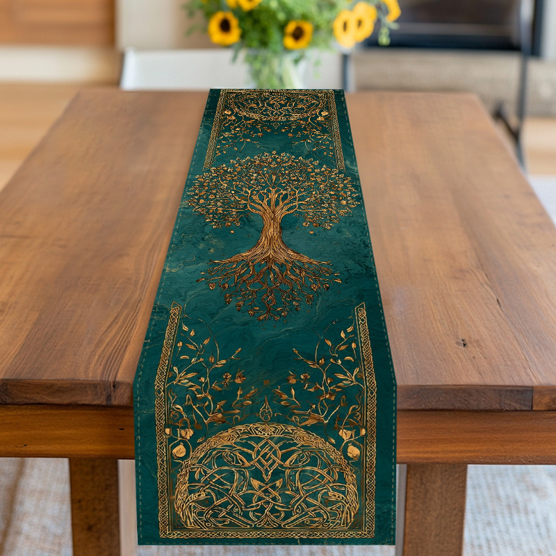 Image of Table Runner, Table Cover, Celtic-themed Tree Of Gold-on-teal Design, Suitable For 's Day, Birthday, Wedding, Anniversary, Party. Holidays, Festivals, Parties, Picnics, Gatherings