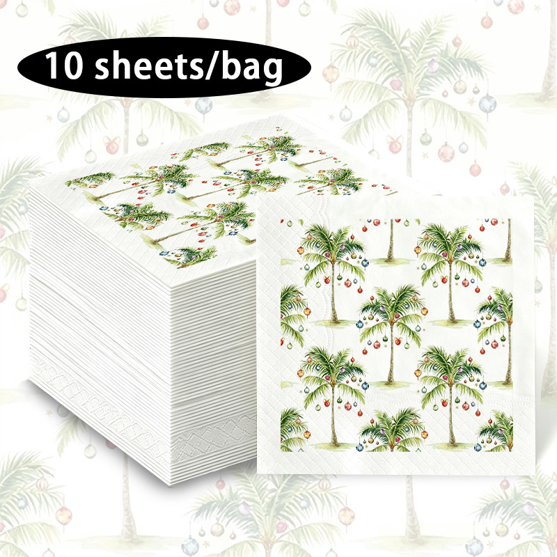 TEMU 10pcs Palm Tree And Christmas Ornament Pattern Printed Tissues, Suitable For Weddings, Birthday Parties, Grand , And Other . Holiday Decorative