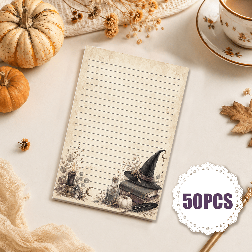 TEMU 50pcs Papier de Papeterie Vintage Chapeau de Sorcière Magie Noire, Papier Livre Magique à , Papier à Lettres pour Journal d'Halloween, Style