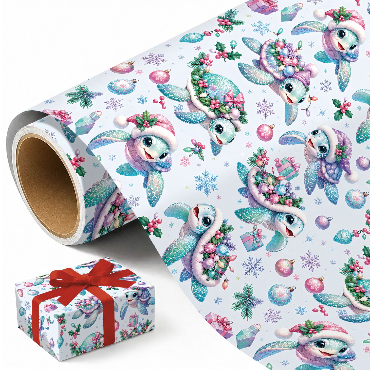 TEMU 1 Rouleau de de , 17,7 po x 118 po, Papier d'Emballage Cadeau de Noël avec Tortue de Mer, Boules de Noël, de Houx, de Pin, de Neige, Nœuds et de