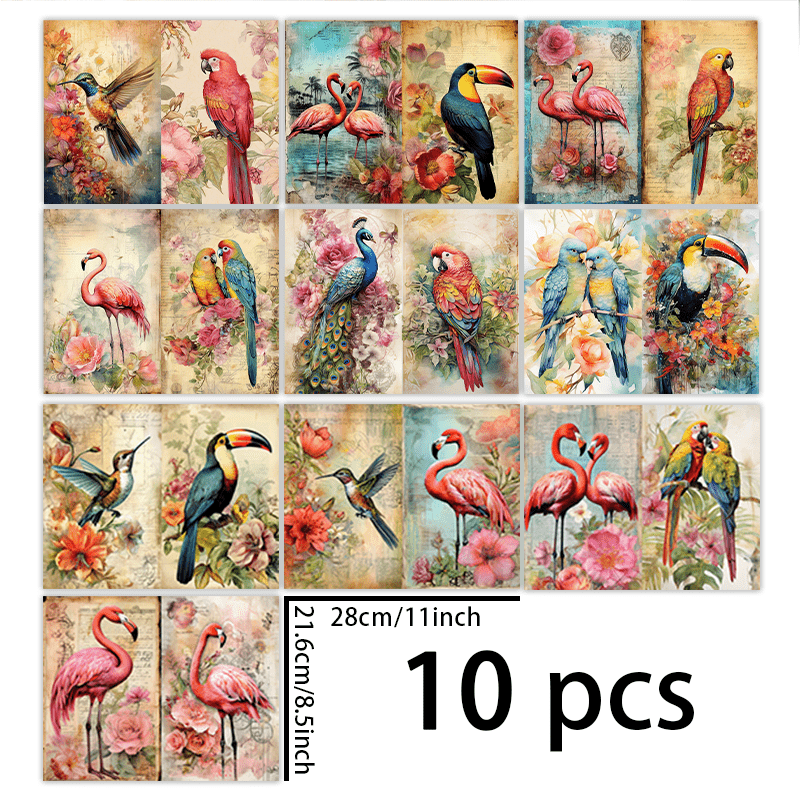 TEMU A Set Of 10 Sheets (11*8.5 Inches) Featuring Floral Designs With And Parrots, Perfect For Journals, Junk Journals, Greeting Cards, Planners, And