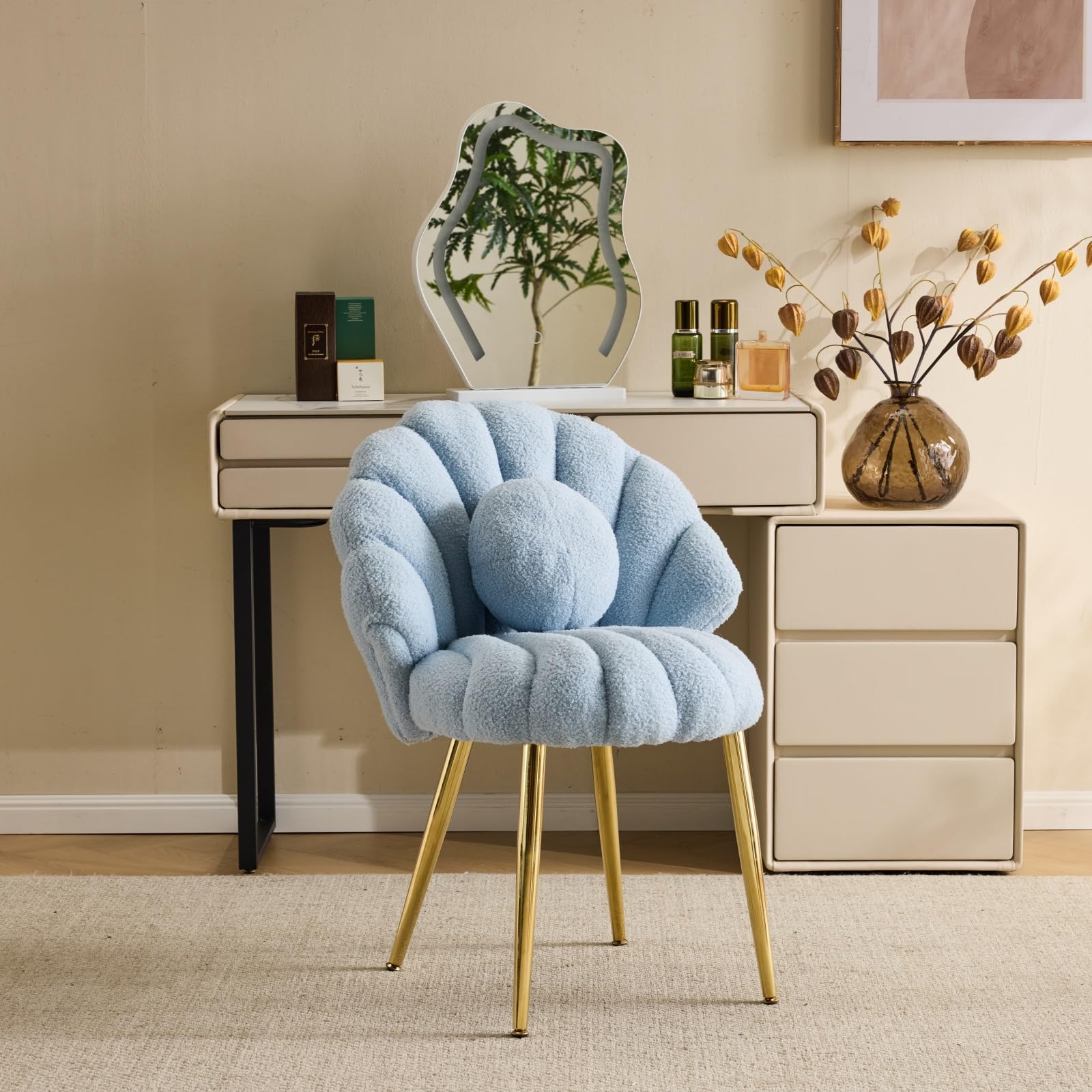 teddy fleece accent chair shell shaped armchair vanity desk chair with   and pearl decor pillow upholstered makeup dressing chair for bedroom living room