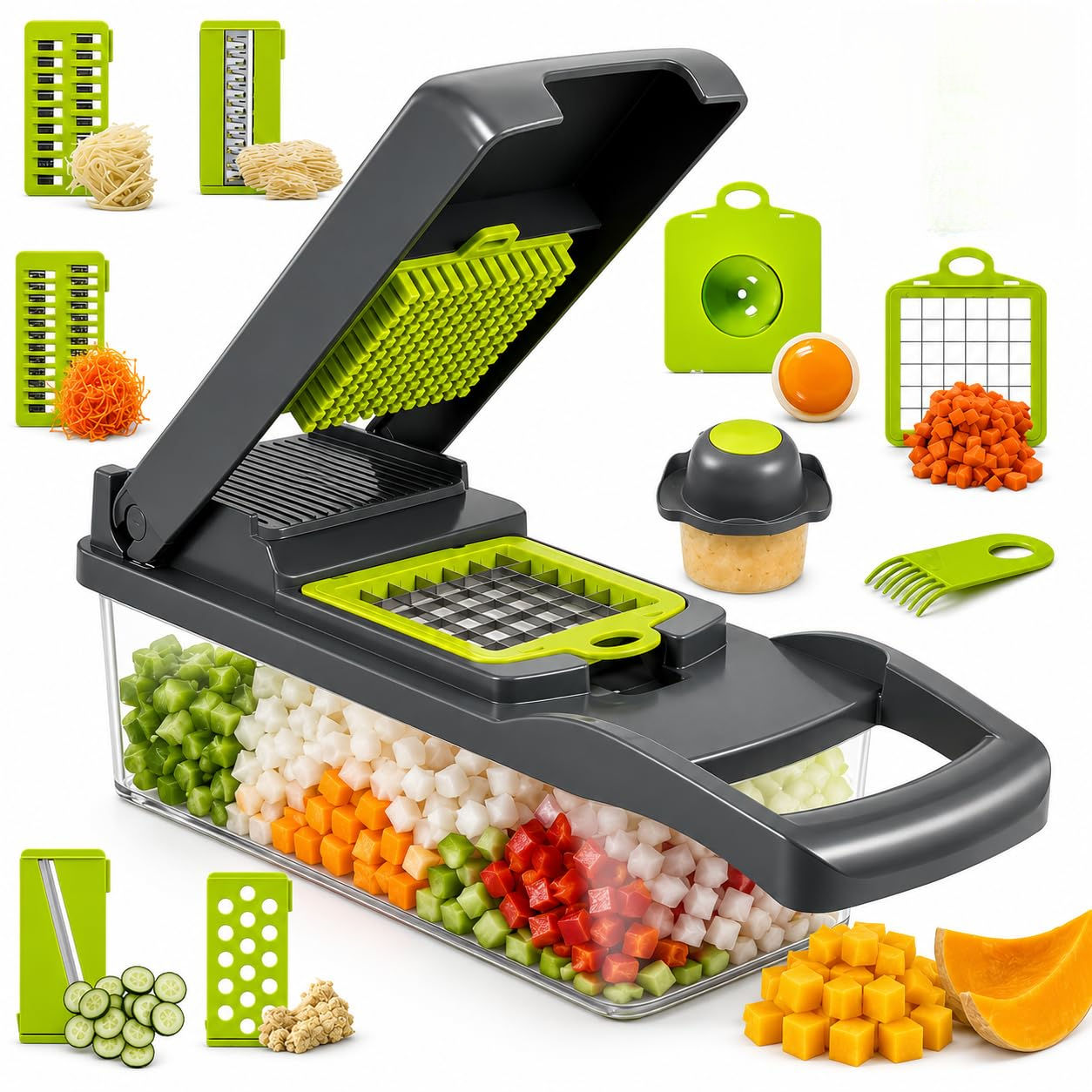 TEMU 13pcs Upgraded Vegetable Chopper, Multi- Slicer, Handheld Food Grater, Container-style Cutting Tool, Multi-blade Replaceable Onion Chopper,