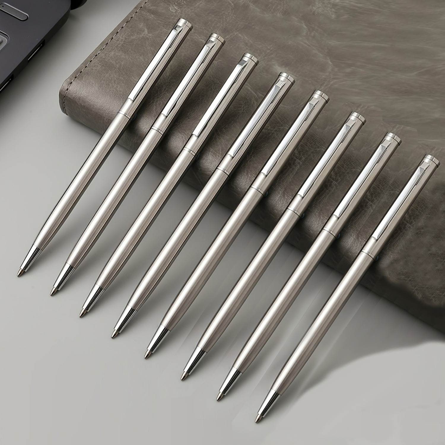 Image of 8pcs Set Of Stylish Silvery Stainless Steel Ballpoint Pens With Metal Barrels, Writing Pens Featuring Durable Round Barrels, Design, Twist Mechanism, Suitable For Business, Office, And Daily Use