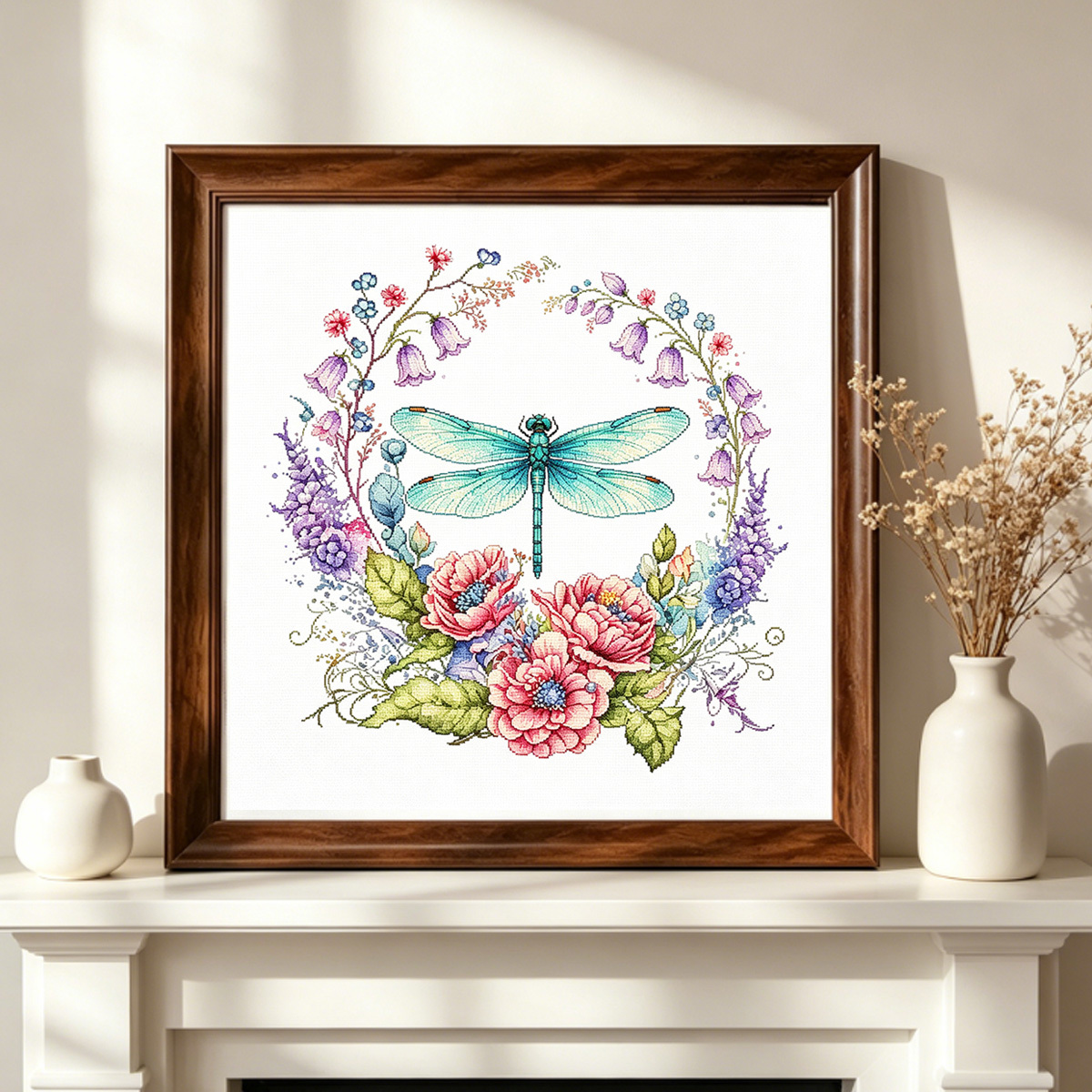 Printed Cross-Stitch Kit Dragonfly Floral Pattern, Starter Kit