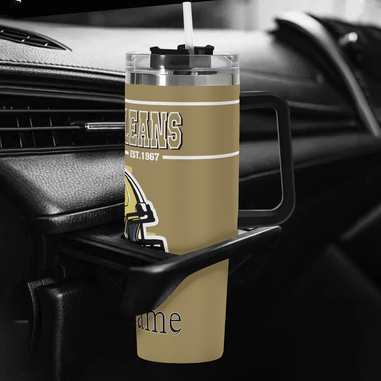 customizable new orleans football 40oz stainless steel tumbler with lid straw personalized name vacuum insulated reusable travel mug for coffee   perfect gift for fans car cup holder   home or   area hand wash   coffee mug   decor stainless steel tumble 4