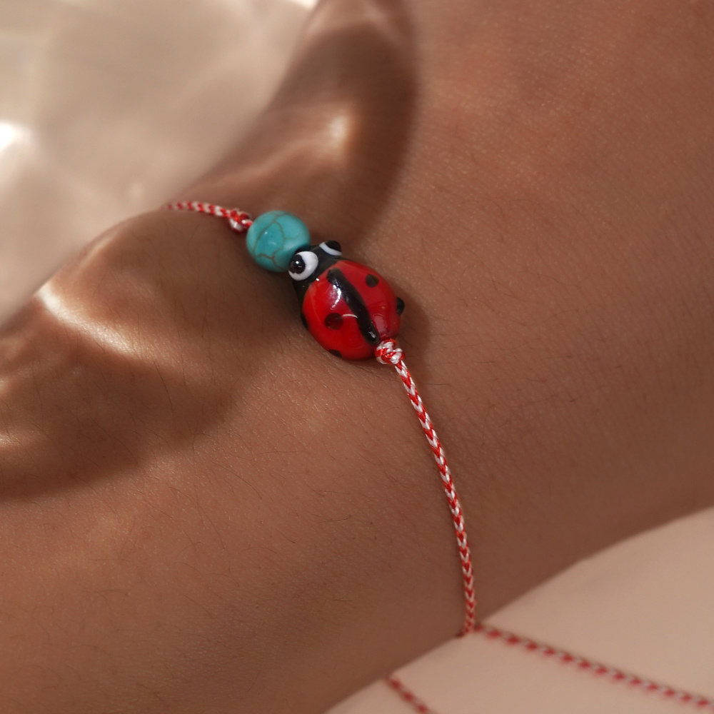 Boho Red String Bracelet with Turquoise and Ladybug Charms