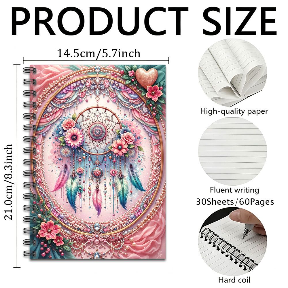 TEMU Dreamcatcher Art Spiral Notebook, A5 Lined Journal, Pink Floral , High Quality Paper Hard Coil, Adult Writing Diary, 60 Pages