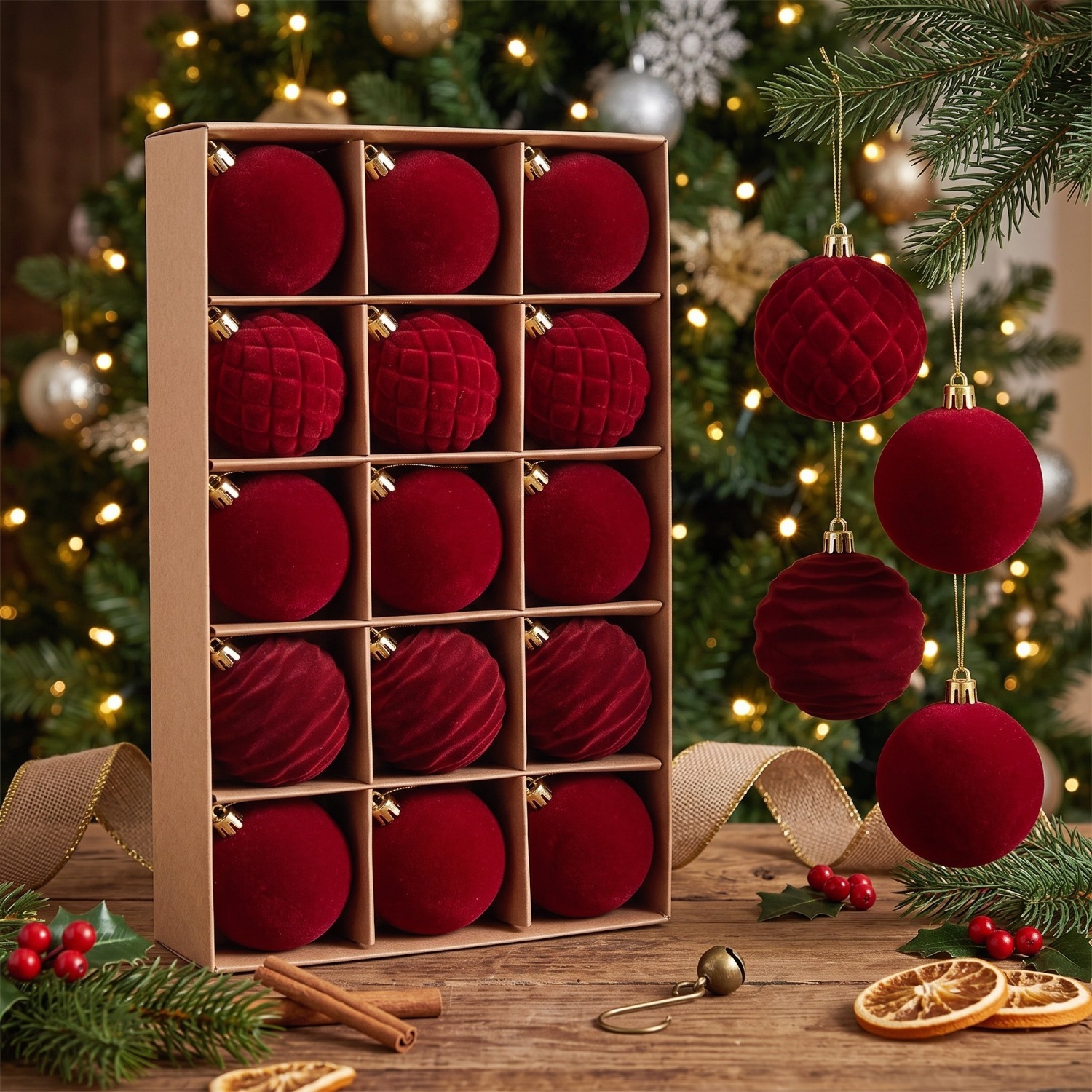 TEMU 15 adornos navideños de terciopelo , bolas navideñas flocadas, bolas colgantes con estilos texturizados elegantes, decoraciones de lujo suaves
