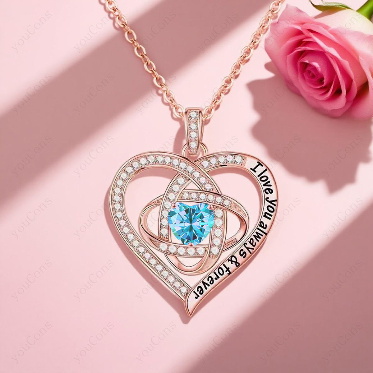 Women's Delicate Light Blue Synthetic Zirconia Heart-Shaped Pendant Necklace, Gift Box Included