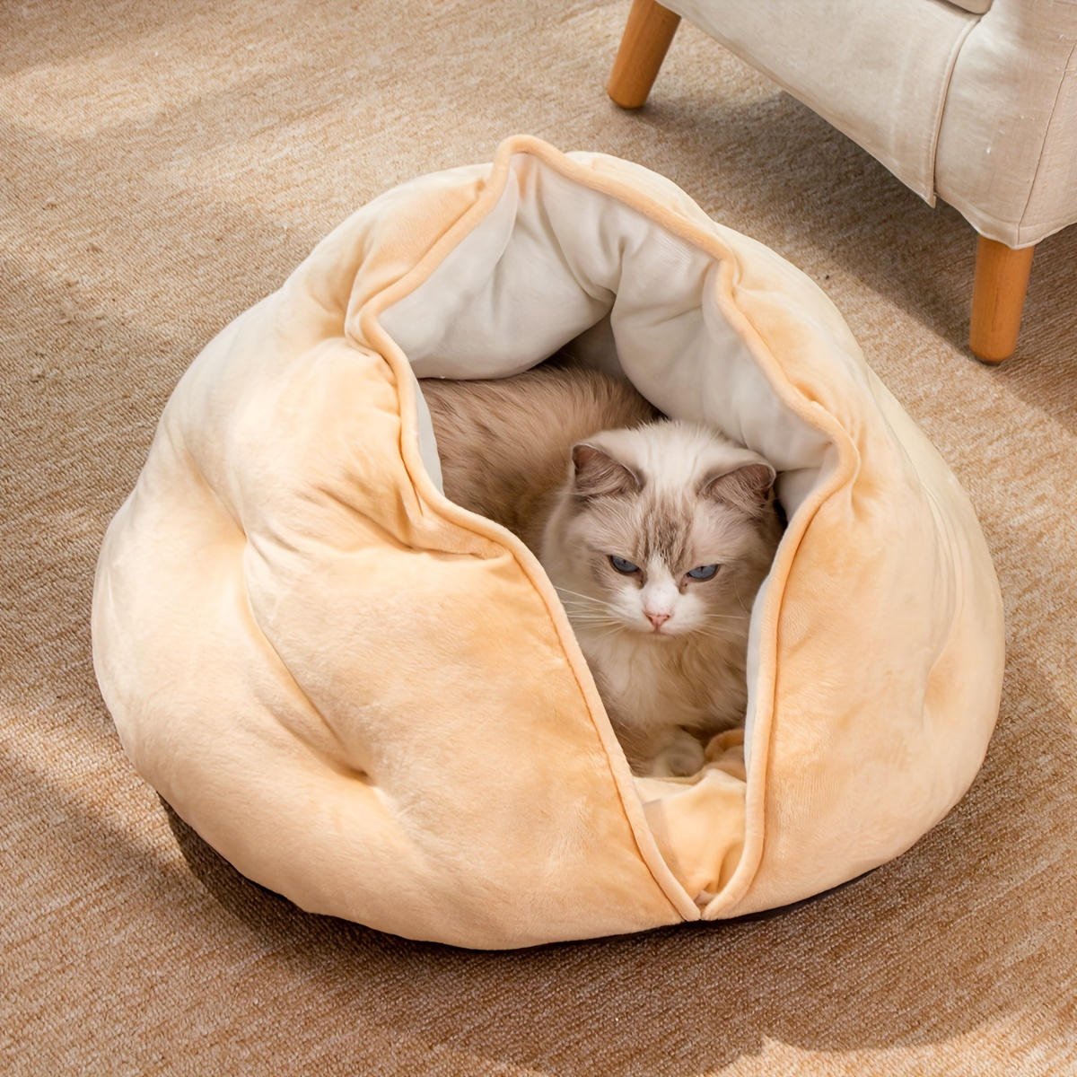 cozy plush khaki pet bed for cats small dogs thick warm soft polyester nest with full coverage design   for medium sized pets durable easy clean indoor bedding bed for   owners   fabric home pets Product details 1