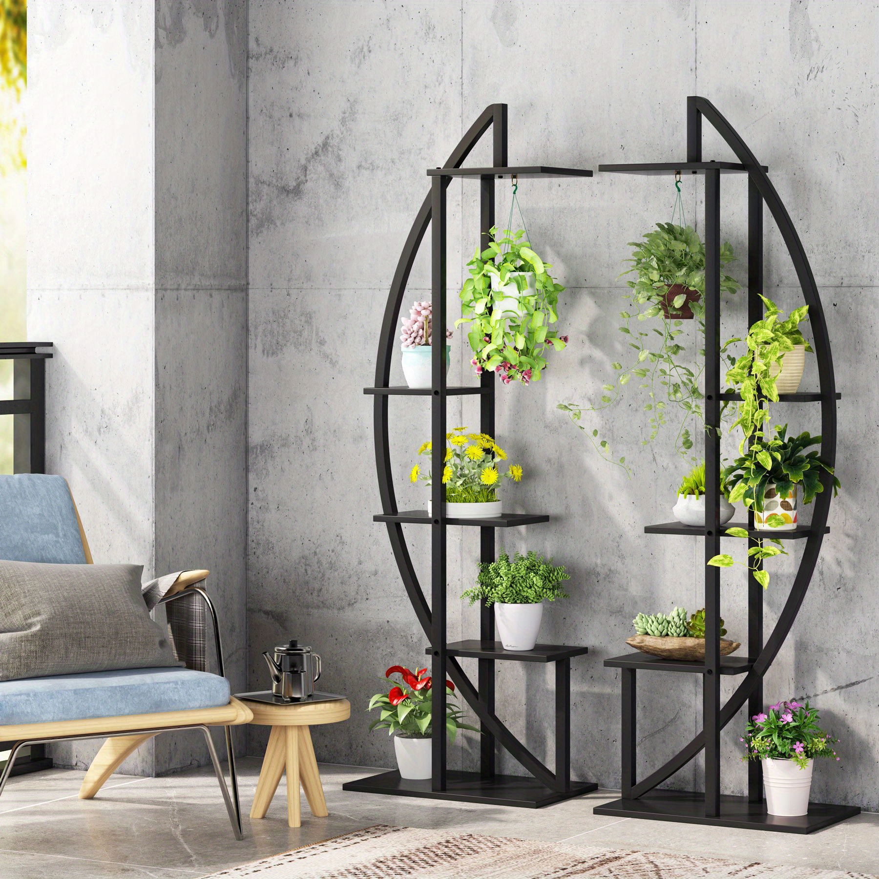 Image of Plant Stand Pack Of 2, Versatile Curved Display Shelf Bonsai Flower Plant Stand Rack For Indoor Garden, Or Balcony, Home Use (black), Ladder Racks, Metal Shelves For Storage