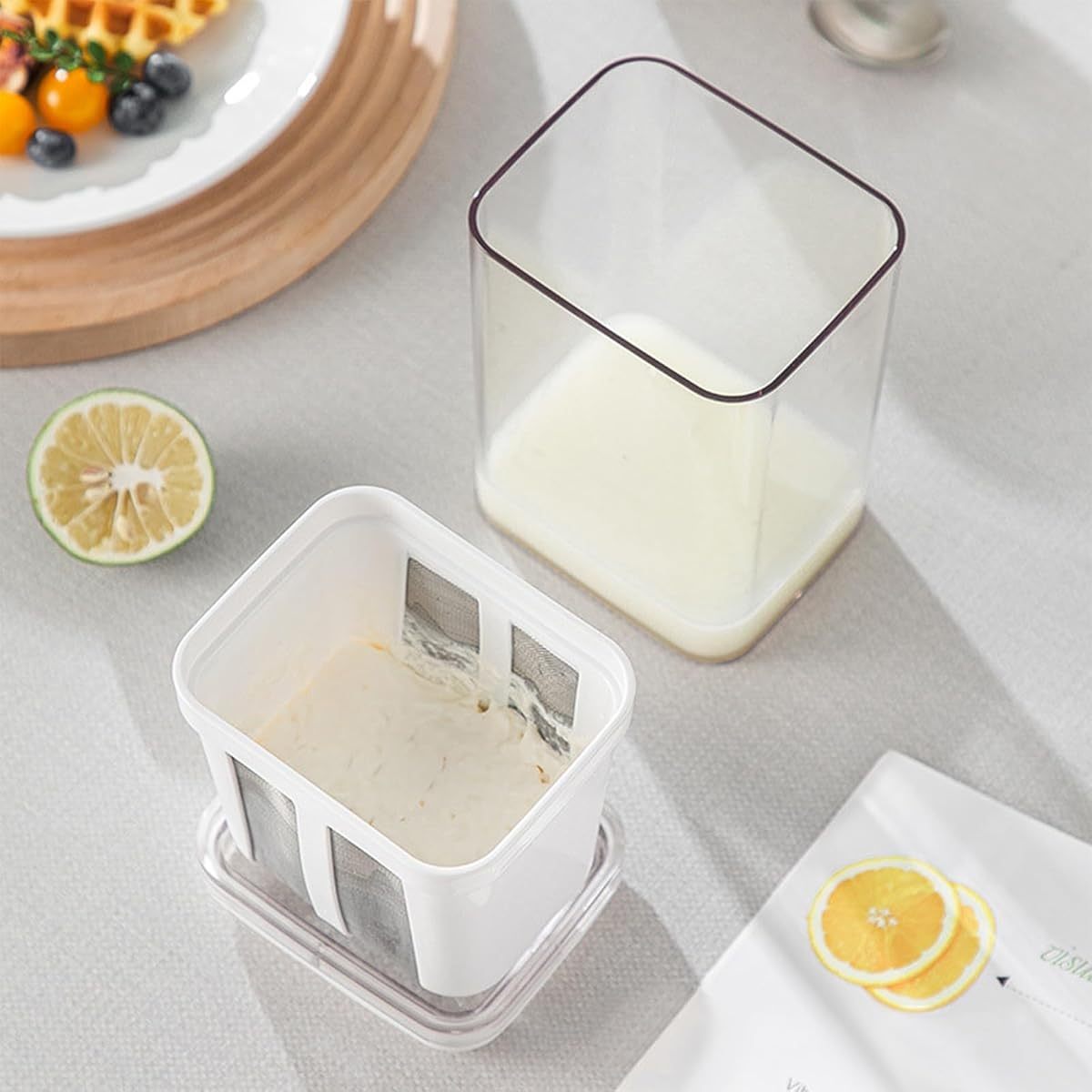 37.2oz multi-functional   maker strainer   mesh bag & lid - durable plastic thick yogurt, soy milk,  , berries, soup,  , coffee - no electricity needed, portable kitchen tool, yogurt making machine, sleek kitchenware, transparent container details 3