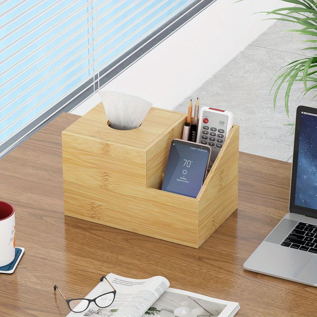 bamboo square tissue box cover a multifunctional organizer for your nightstand   storing tissues in   bathroom or office it features compartments for holding ipads phones and remote controls natural Product details 6