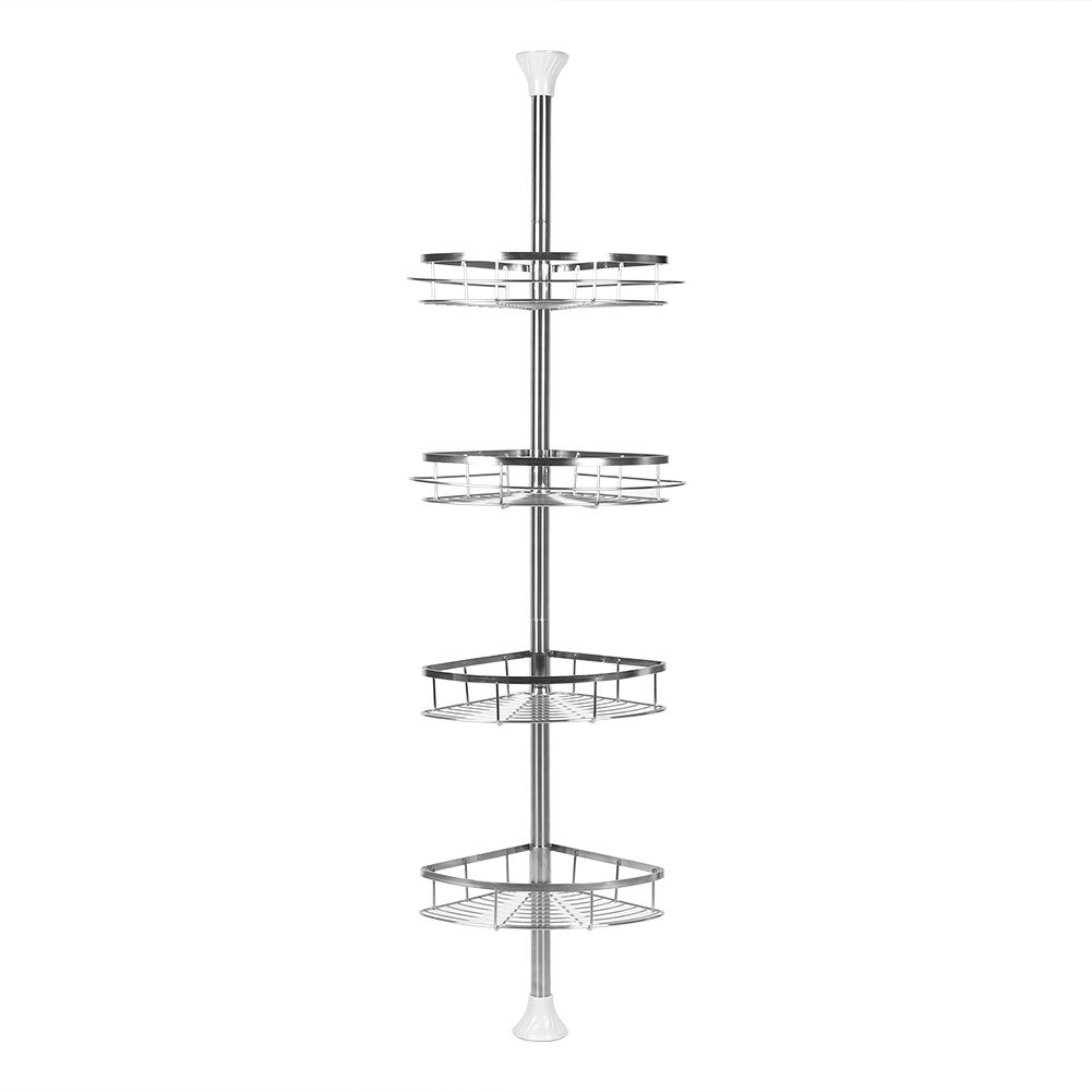 Image of 110-280cm Extendable, No-installation Stainless Steel Bathroom Shelving Unit With 4 Tiers, Silvery End. Corner-mounted Wall-mounted Shelving Unit For Bathrooms, Kitchens And Other Areas