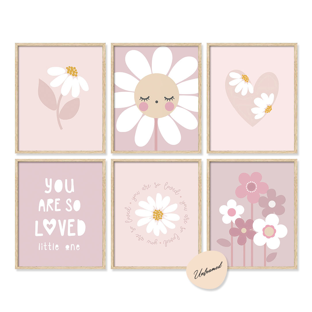 Image of 2d Flat, 2d Flat, Unframed 6pcs Powder Blush Daisy Nursery Wall Art, How You Love Neutral Daisy Posters, Bohemian Flower Murals, Pink Wall Decorations Posters 8 X 10 Inches