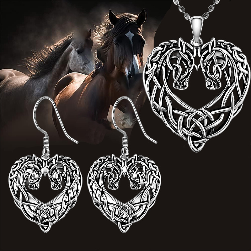 

3pcs Fashion Horse Heart Pendant Necklace Earrings Complex Design, Neutral Equestrian Charm Chain Suitable For Gothic Style Enthusiasts, Suitable For Halloween, Christmas And Holiday Gifts