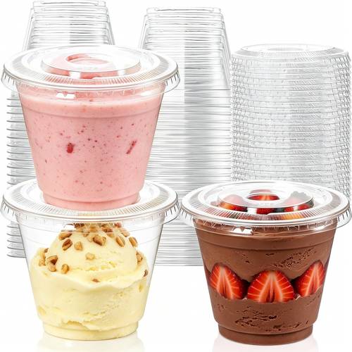 48pcs 24 cups 24 lids transparent plastic dessert cups with matching lids clear serving cups for ice cream layered cake pudding smoothies and salads ideal for birthday celebrations graduation events outdoor picnics reunions