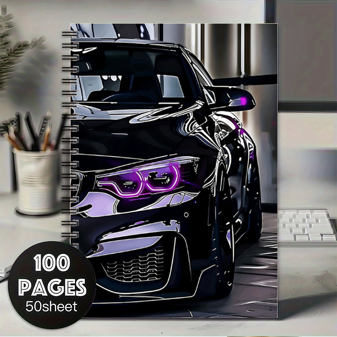 TEMU Spiral Notebook, 1pc Sports Car Themed Notepad - Purple Light Car Headlight Sports Car Cover Image, Spiral Binding, Date Column For Planning