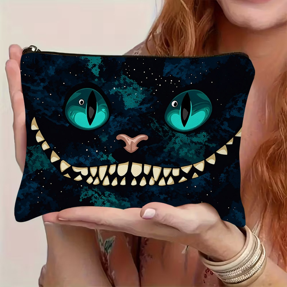 TEMU 1pc Cheshire Cat Print Makeup Bag & Cosmetic Organizer - Double-sided Cheshire Cat Face & Starry Sky, Suitable For Daily Use & Travel, Themed
