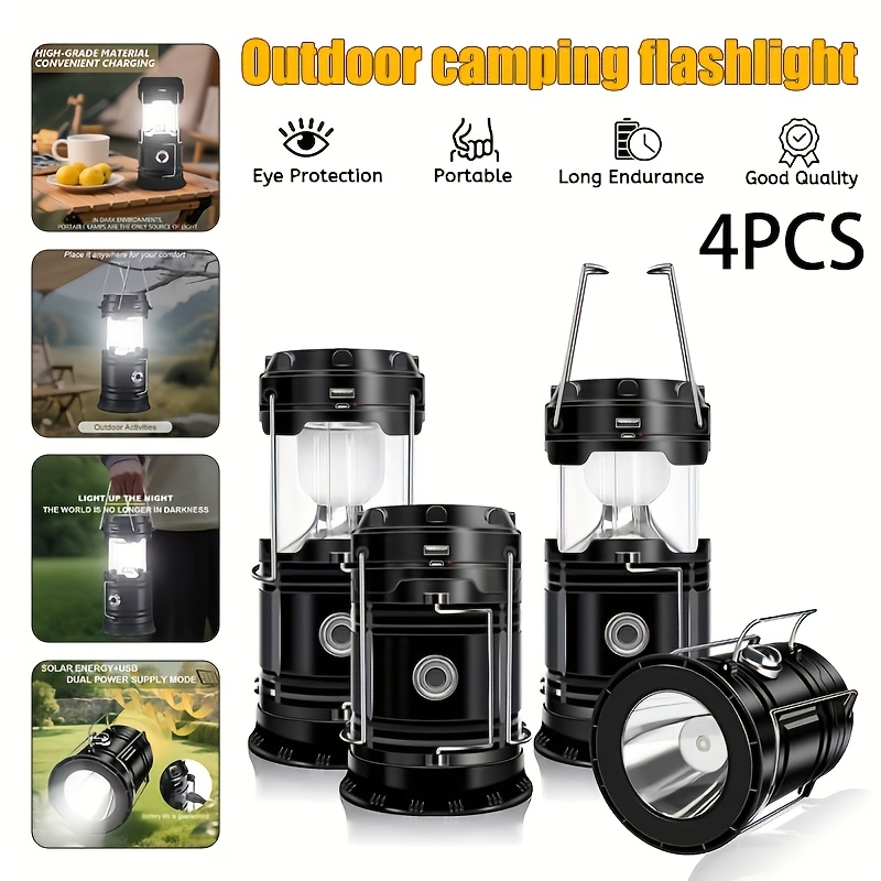 TEMU Compact 4-unit Led Camping Light - Easy To Carry, Usb Rechargeable Survival Torch With Grip, 4600mah , Vintage Oil Lamp Design, Ideal For Indoor